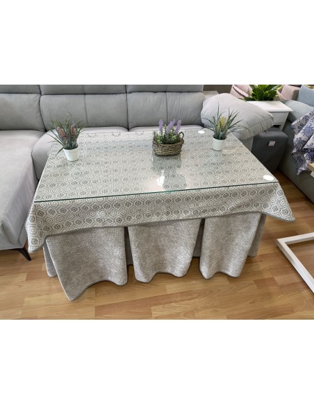 Ropa de Mesa Camilla Tejido Rústico Terciopelo Elegante Extragrueso color Gris Claro (incluye tapete)