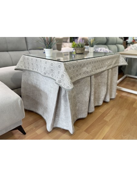 Ropa de Mesa Camilla Tejido Rústico Terciopelo Elegante Extragrueso color Gris Claro (incluye tapete)