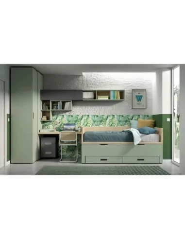 Dormitorio juvenil con cama nido compacto armario y escritorio con cajonera