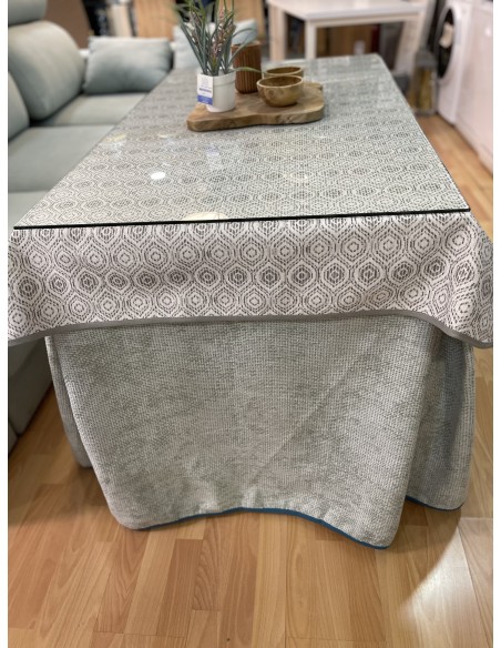 Ropa de Mesa Camilla Tejido Rústico Terciopelo Elegante Extragrueso color Verde Pastel (incluye tapete)