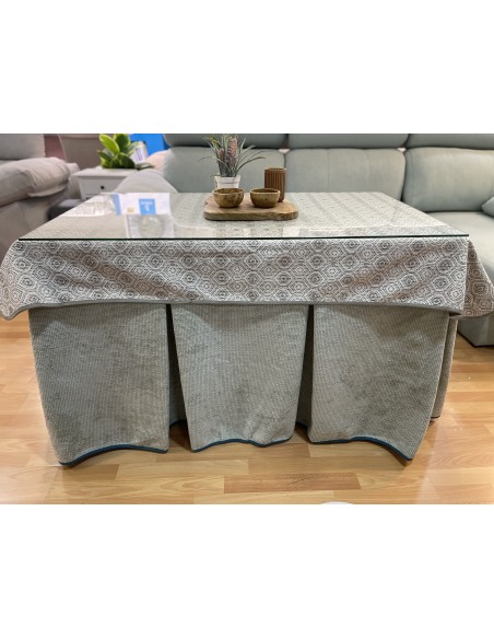 Ropa de Mesa Camilla Tejido Rústico Terciopelo Elegante Extragrueso color Verde Pastel (incluye tapete)