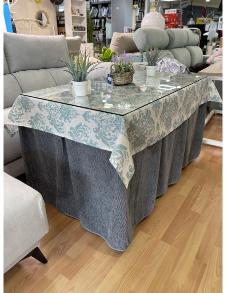 Ropa Chenilla Eco 8 Pliegues color Gris con tapete antimanchas luxe Turquesa