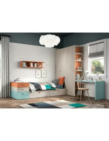 Dormitorio juvenil con cama nido modular armario y escritorio