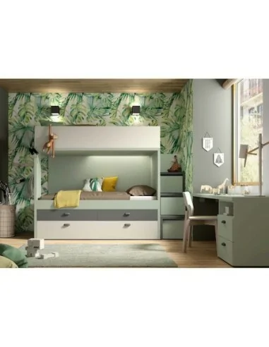 Dormitorio juvenil con litera nido compacto y escritorio
