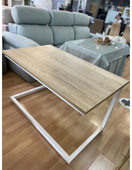 Conjunto Mesa Camilla Rectangular de Forja Relax - Color Blanco - Encimera de Madera con Vetas Negras