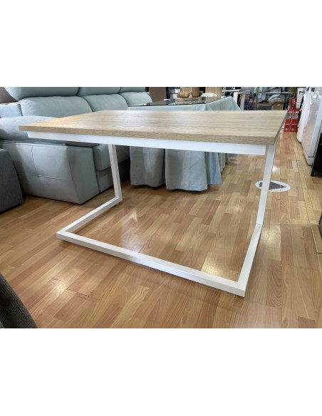 Conjunto Mesa Camilla Rectangular de Forja Relax - Color Blanco - Encimera de Madera con Vetas Negras