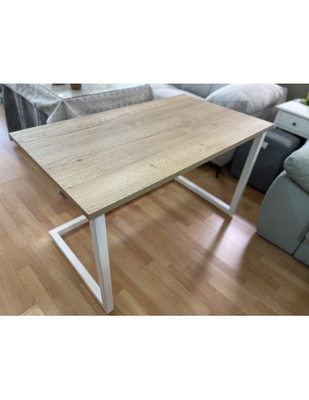 Conjunto Mesa Camilla Rectangular de Forja Relax - Color Blanco - Encimera de Madera con Vetas Negras