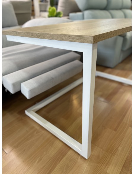 Conjunto Mesa Camilla Rectangular de Forja Relax - Color Blanco - Encimera de Madera con Vetas Negras