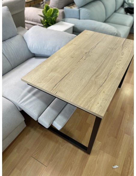 Conjunto Mesa Camilla Rectangular de Forja Relax - Color Negro - Encimera de Madera con Vetas Negras