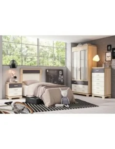 dormitorio juvenil cama bancada con armario puertas de cristal madera