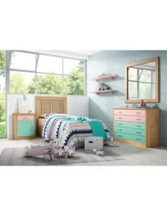 dormitorio juvenil cama bancada con mesita y comoda en madera