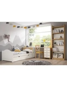 dormitorio juvenil cama nido con cajones y escritorio con estanteria en madera