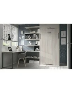 Dormitorio juvenil cama abatible vertical con estanteria modular y escritorio