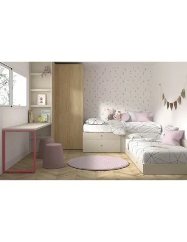 Dormitorio juvenil con camas nido modulares de cajones con escritorio y armario rincon