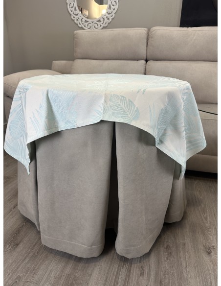 Ropa Redonda de Camilla Antimanchas Beige con Tapete Palmeras Verde