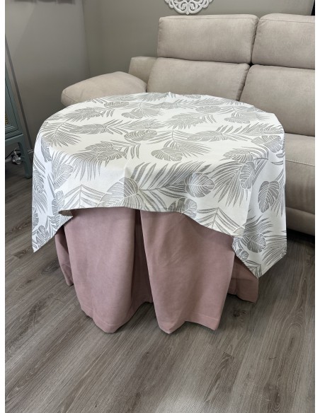 Ropa Redonda de Camilla Antimanchas Rosa con Tapete Palma Gris