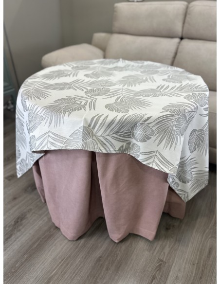 Ropa Redonda de Camilla Antimanchas Rosa con Tapete Palma Gris