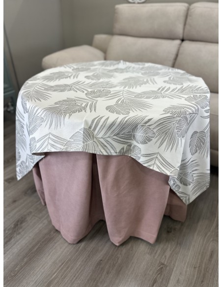 Ropa Redonda de Camilla Antimanchas Rosa con Tapete Palma Gris