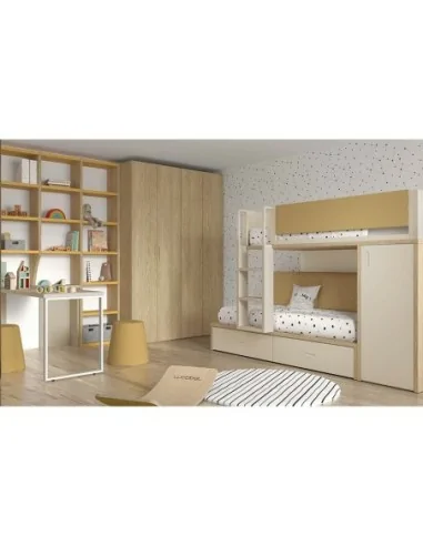 Dormitorio juvenil con litera nido tren modular con armario y escritorio