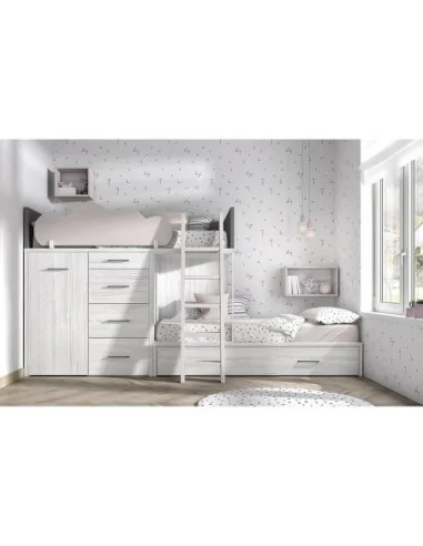 Dormitorio juvenil con litera nido tren modular con armario