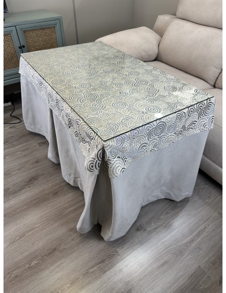 Ropa de Mesa de Camilla Antimanchas Aterciopelada Triple Grueso Gris Perla con Tapete Deluxe Círculos Gris