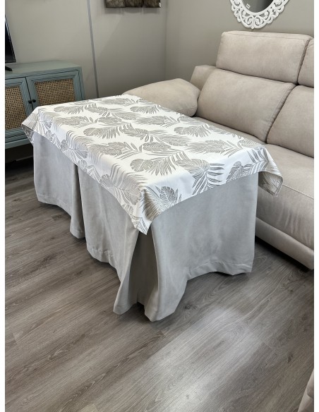 Ropa de Mesa de Camilla Antimanchas Aterciopelada Triple Grueso Gris Perla con Tapete Deluxe Palmeras Gris