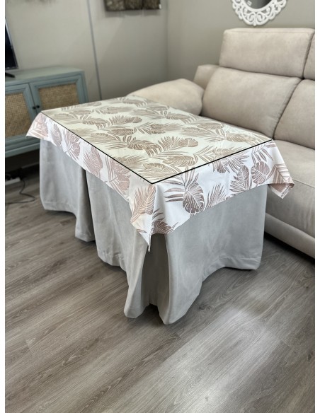 Ropa de Mesa de Camilla Antimanchas Aterciopelada Triple Grueso Gris Perla con Tapete Deluxe Palmeras Rosa