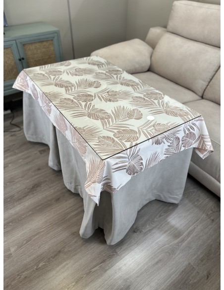 Ropa de Mesa de Camilla Antimanchas Aterciopelada Triple Grueso Gris Perla con Tapete Deluxe Palmeras Rosa