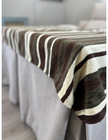 Ropa de Mesa de Camilla Antimanchas Aterciopelada Triple Grueso Nature Beige con Tapete Deluxe Líneas Tonos Beige