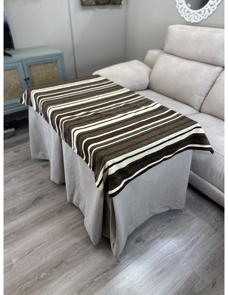 Ropa de Mesa de Camilla Antimanchas Aterciopelada Triple Grueso Nature Beige con Tapete Deluxe Líneas Tonos Beige