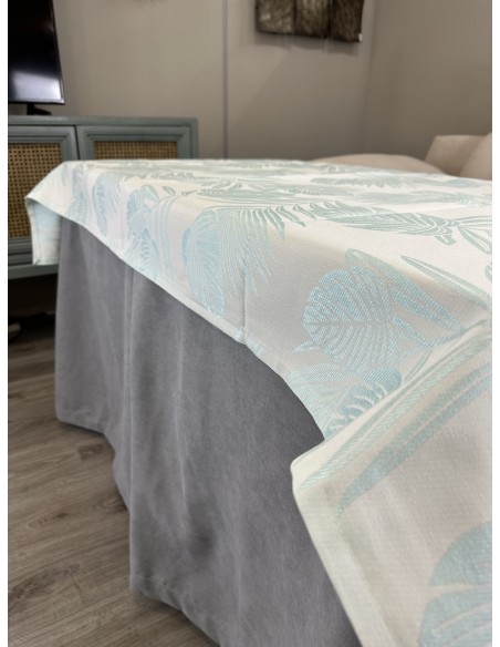 Ropa de Mesa de Camilla Antimanchas Aterciopelada Triple Grueso Nature Gris con Tapete Deluxe Palmeras Azul