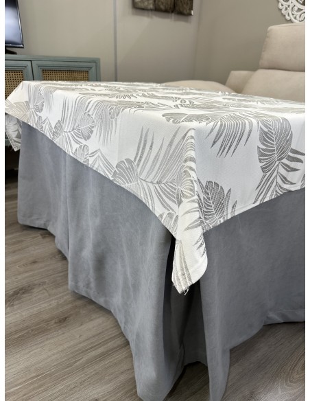 Ropa de Mesa de Camilla Antimanchas Aterciopelada Triple Grueso Nature Gris con Tapete Deluxe Palmeras Gris