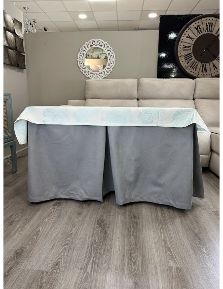 Ropa de Mesa de Camilla Antimanchas Aterciopelada Triple Grueso Nature Gris con Tapete Deluxe Palmeras Azul