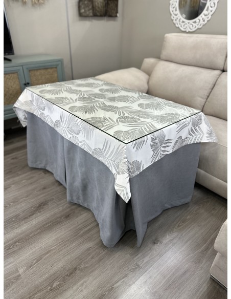 Ropa de Mesa de Camilla Antimanchas Aterciopelada Triple Grueso Nature Gris con Tapete Deluxe Palmeras Gris