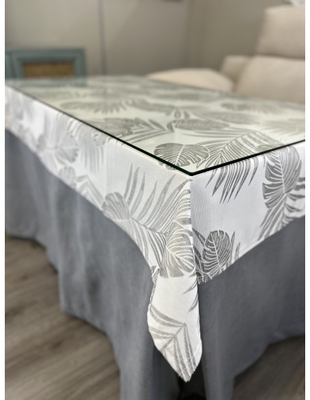 Ropa de Mesa de Camilla Antimanchas Aterciopelada Triple Grueso Nature Gris con Tapete Deluxe Palmeras Gris