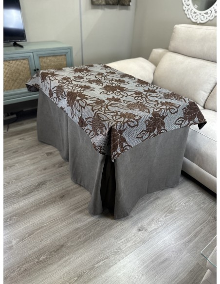 Ropa de Mesa de Camilla Antimanchas Aterciopelada Triple Grueso Nature Marrón con Tapete Deluxe Flores Marrón