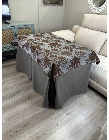 Ropa de Mesa de Camilla Antimanchas Aterciopelada Triple Grueso Nature Marrón con Tapete Deluxe Flores Marrón