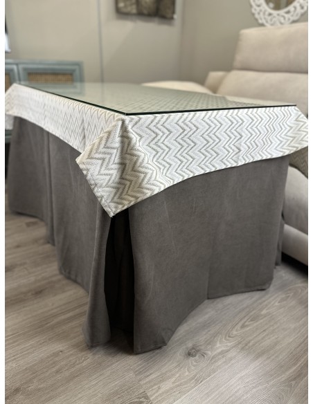 Ropa de Mesa de Camilla Antimanchas Aterciopelada Triple Grueso Nature Marrón con Tapete Deluxe Torino Rayas