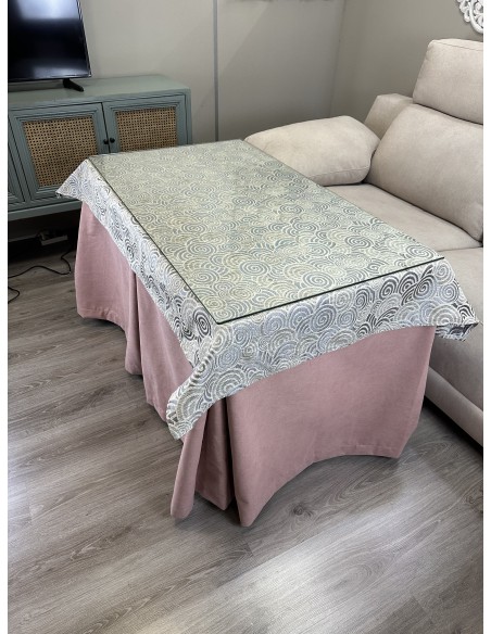 Ropa de Mesa de Camilla Antimanchas Aterciopelada Triple Grueso Nature Rosa con Tapete Deluxe Círculos