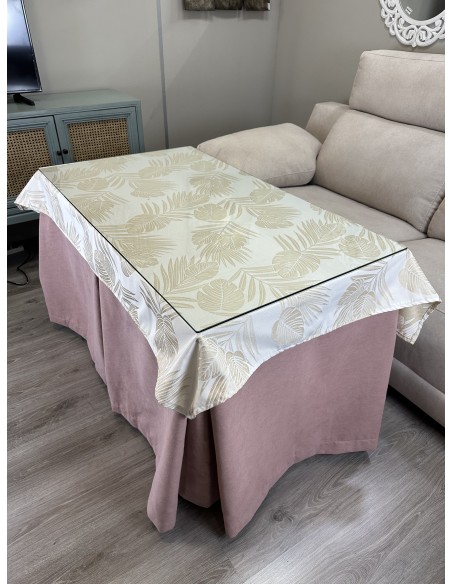 Ropa de Mesa de Camilla Antimanchas Aterciopelada Triple Grueso Nature Rosa con Tapete Deluxe Palmeras Gris