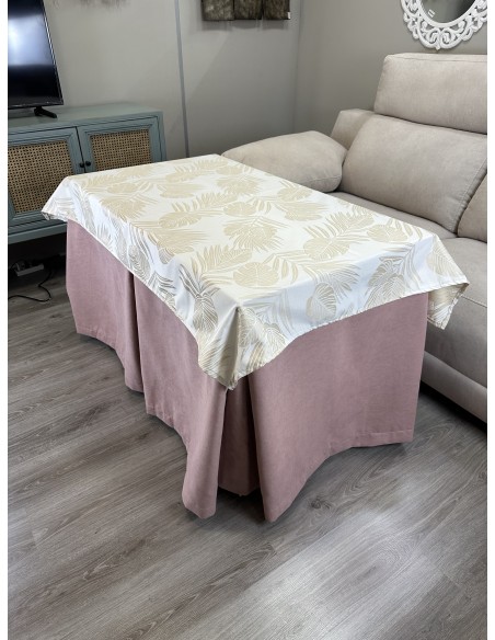 Ropa de Mesa de Camilla Antimanchas Aterciopelada Triple Grueso Nature Rosa con Tapete Deluxe Palmeras Gris
