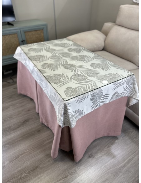 Ropa de Mesa de Camilla Antimanchas Aterciopelada Triple Grueso Nature Rosa con Tapete Deluxe Palmeras Beige