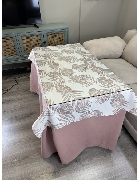 Ropa de Mesa de Camilla Antimanchas Aterciopelada Triple Grueso Nature Rosa con Tapete Deluxe Palmeras Rosa