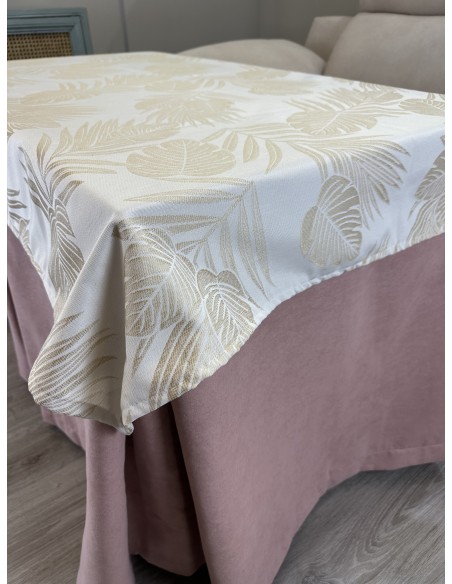 Ropa de Mesa de Camilla Antimanchas Aterciopelada Triple Grueso Nature Rosa con Tapete Deluxe Palmeras Gris