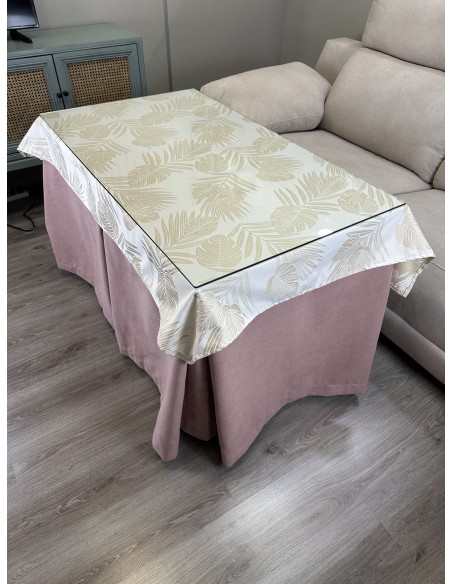 Ropa de Mesa de Camilla Antimanchas Aterciopelada Triple Grueso Nature Rosa con Tapete Deluxe Palmeras Gris