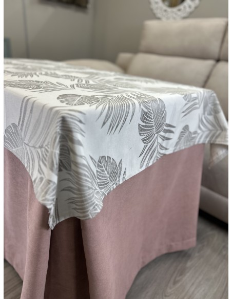Ropa de Mesa de Camilla Antimanchas Aterciopelada Triple Grueso Nature Rosa con Tapete Deluxe Palmeras Beige