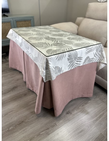 Ropa de Mesa de Camilla Antimanchas Aterciopelada Triple Grueso Nature Rosa con Tapete Deluxe Palmeras Beige