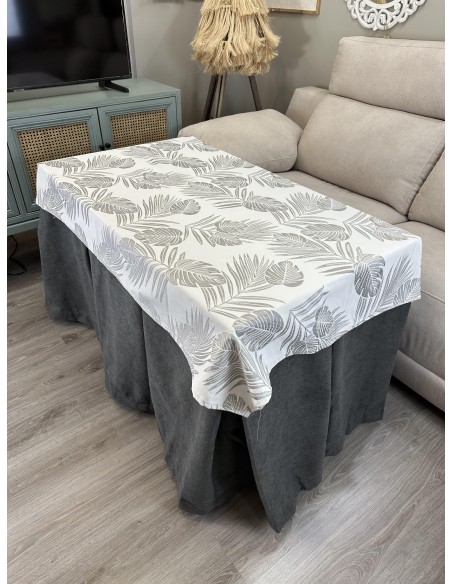 Ropa de Mesa Camilla Antimanchas Aterciopelada Triple Grueso Reforzada 10 pliegues profundos Gris con Tapete Palmeras Gris