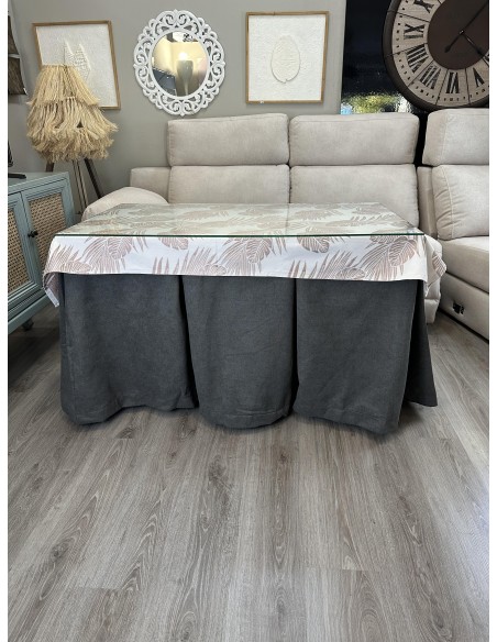 Ropa de Mesa Camilla Antimanchas Aterciopelada Triple Grueso Reforzada 10 pliegues profundos Gris con Tapete Palmeras Rosa