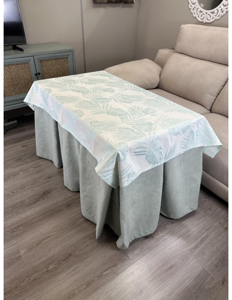 Ropa de Mesa Camilla Antimanchas Aterciopelada Triple Grueso Reforzada 10 pliegues Kumar Agua con Tapete Palmeras Verdes